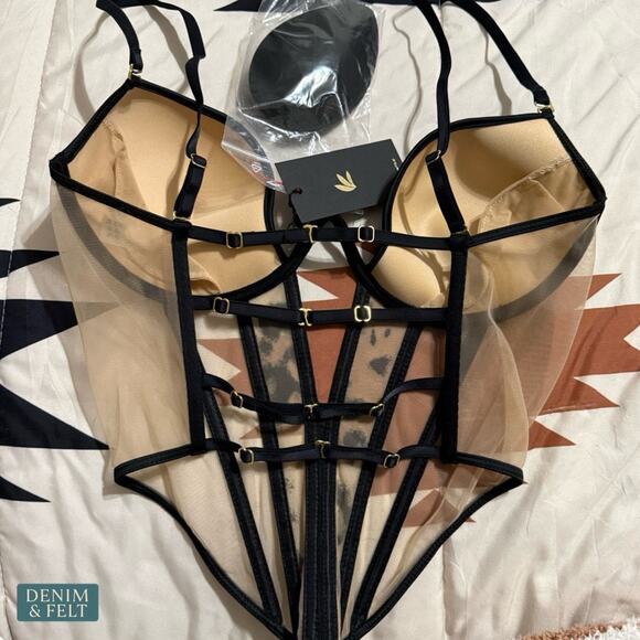 NEW Perilla Harlow One Corset Lingerie Black Flocked Velvet Mesh 32D Luxe Sexy - Picture 6 of 12